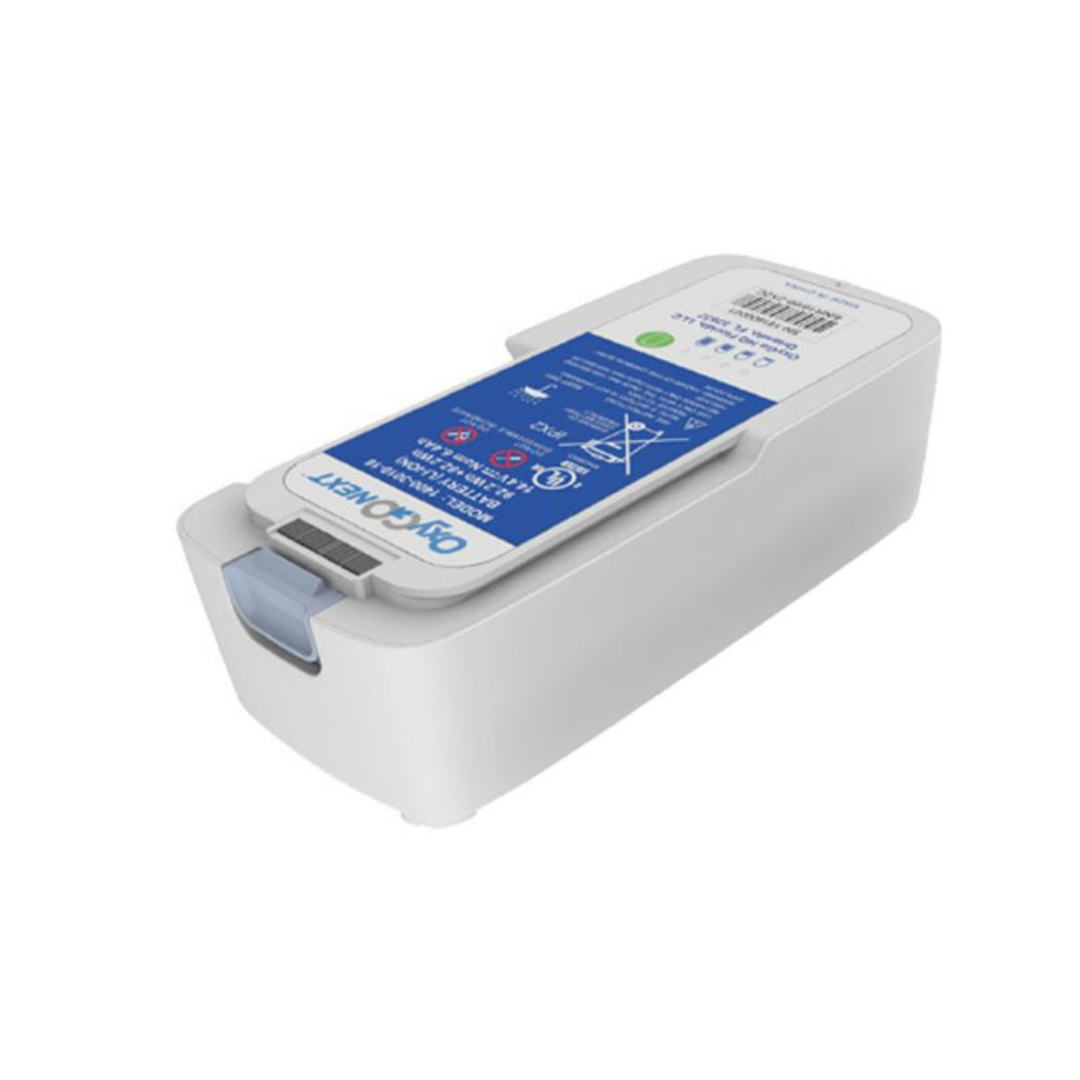 A rectangular white OxyGo Batteries For NEXT O2 Portable Concentrators battery with a blue label, product details, icons, and a gray release latch at one end is displayed on a white background.